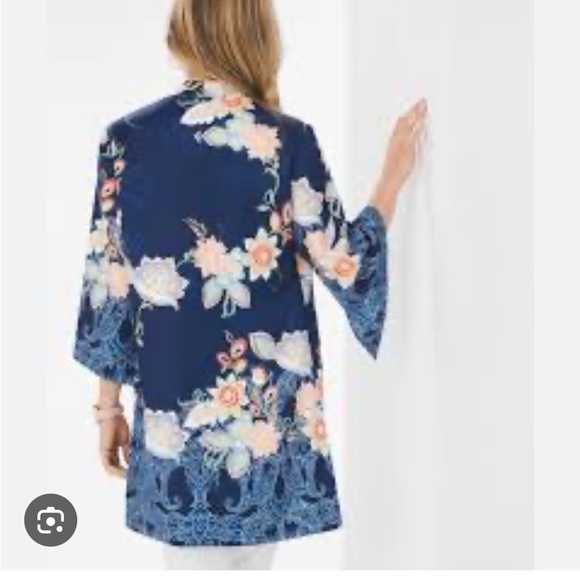 Chico’s Drama Printed Kimono Blue Long Line - Picture 5 of 9